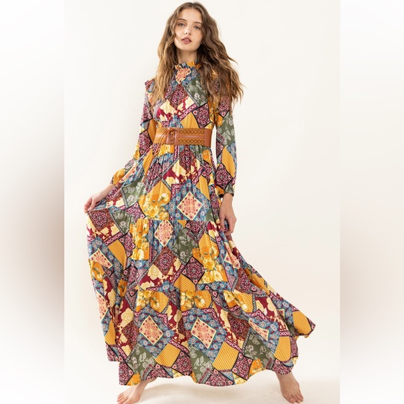 37 Boho Border Print Woven Shirring Tiered Maxi Dress - Picture 3 of 6